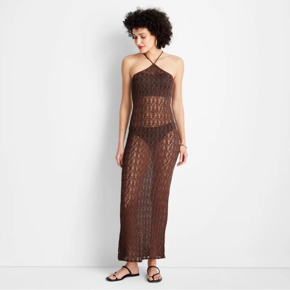 NWT Future Collective - Women's See-Through Open Stitch Maxi Cover Up Dress XXS